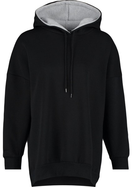 Kadın Moda Şık Oversize Kapüşonlu Düşük Kol Uzun Geniş Kalıp Içi Polarlı Örme Spor Sweatshirt