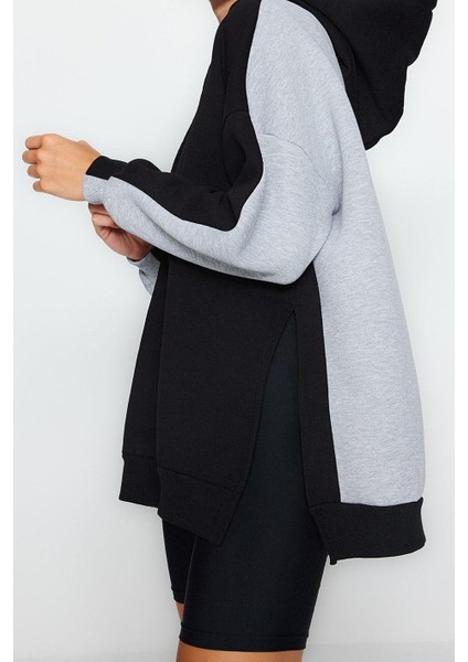 Kadın Moda Şık Oversize Kapüşonlu Düşük Kol Uzun Geniş Kalıp Içi Polarlı Örme Spor Sweatshirt