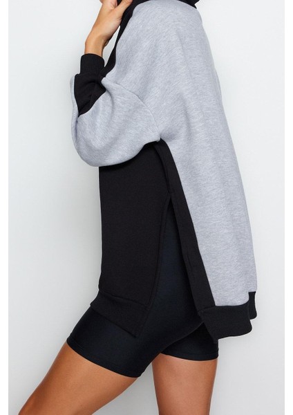 Kadın Moda Şık Oversize Kapüşonlu Düşük Kol Uzun Geniş Kalıp Içi Polarlı Örme Spor Sweatshirt