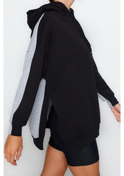 Kadın Moda Şık Oversize Kapüşonlu Düşük Kol Uzun Geniş Kalıp Içi Polarlı Örme Spor Sweatshirt