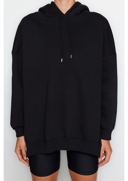 Kadın Moda Şık Oversize Kapüşonlu Düşük Kol Uzun Geniş Kalıp Içi Polarlı Örme Spor Sweatshirt