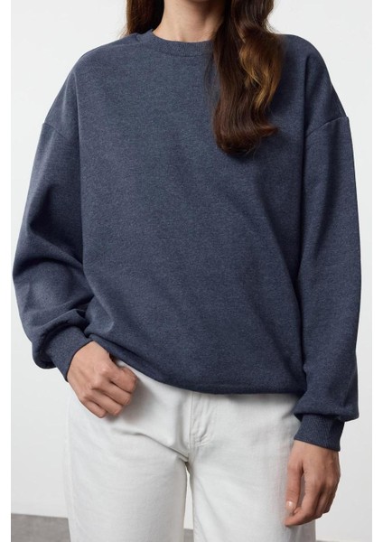 Kadın Moda Şık Bol Bisiklet Yaka Düşük Kol Uzun Geniş Kalıp Kalın Içi Polarlı Örme Sweatshirt