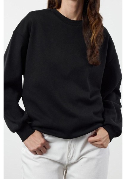 Kadın Moda Şık Bol Bisiklet Yaka Düşük Kol Uzun Geniş Kalıp Kalın Içi Polarlı Örme Sweatshirt fırsatları