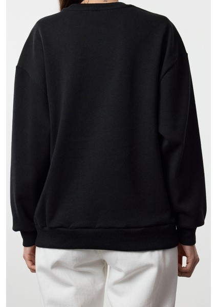 Kadın Moda Şık Bol Bisiklet Yaka Düşük Kol Uzun Geniş Kalıp Kalın Içi Polarlı Örme Sweatshirt indirimleri
