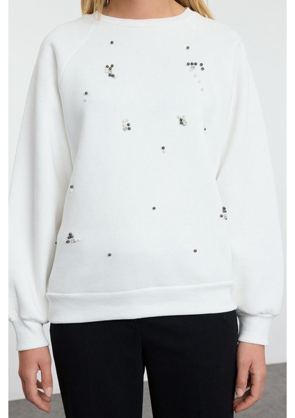 Kadın Relaxed Bisiklet Yaka Reglan Kol Uzun Taş Rahat Kalıp Kalın Içi Polarlı Örme Sweatshirt