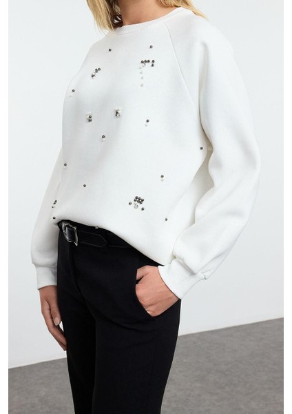 Kadın Relaxed Bisiklet Yaka Reglan Kol Uzun Taş Rahat Kalıp Kalın Içi Polarlı Örme Sweatshirt fiyatları