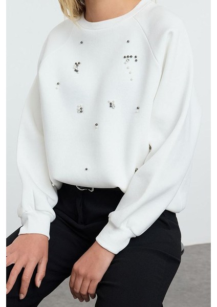 Kadın Relaxed Bisiklet Yaka Reglan Kol Uzun Taş Rahat Kalıp Kalın Içi Polarlı Örme Sweatshirt modelleri