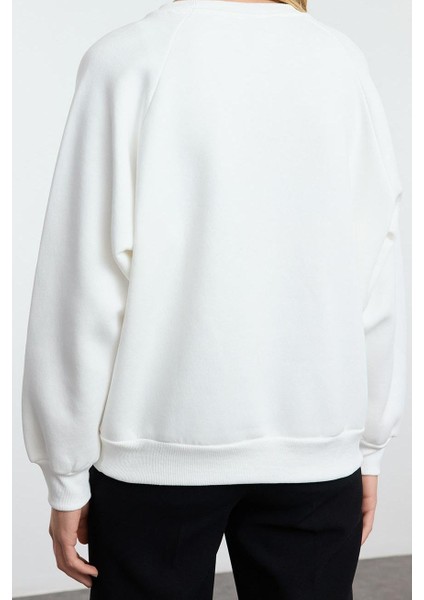 Kadın Relaxed Bisiklet Yaka Reglan Kol Uzun Taş Rahat Kalıp Kalın Içi Polarlı Örme Sweatshirt indirimleri