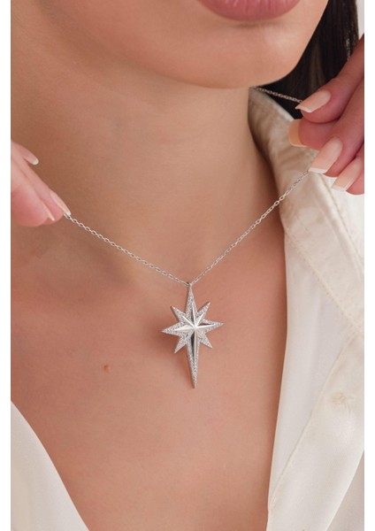 Gümüş Beyaz Zirkon Taşlı Kutup Yıldızı Serenay Kolye