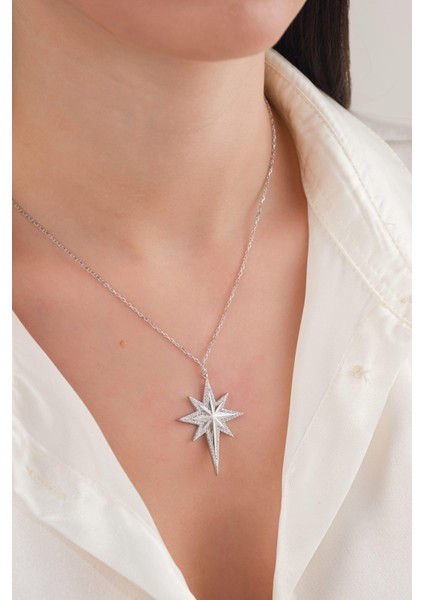 Gümüş Beyaz Zirkon Taşlı Kutup Yıldızı Serenay Kolye fiyatları