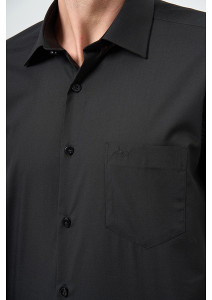 Siyah Kısa Kol Düz Bez Ayağı 041 Sert Yaka Classic Comfort Fit Gömlek 1004240258 modelleri