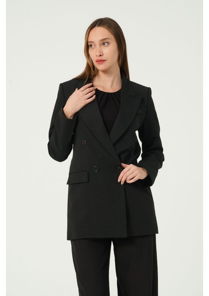 Siyah Regular Astarlı Kruvaze Kapama Dokuma Blazer Ceket