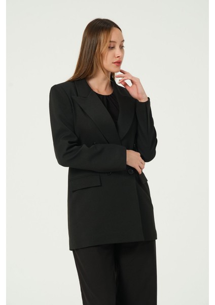 Siyah Regular Astarlı Kruvaze Kapama Dokuma Blazer Ceket