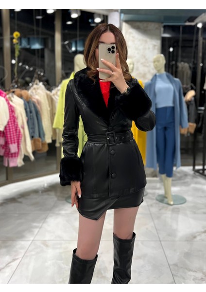 Mady Kısa Kürklü Deri Kaban Siyah