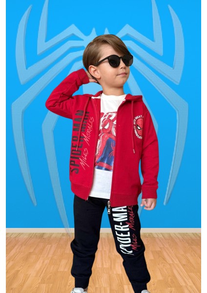 Erkek Çocuk Marvel Spider-Man 3 Lü Kapşonlu Set Örümcek Adam Eşofman Takımı - 2 Iplik Likralı Kumaş fırsatları
