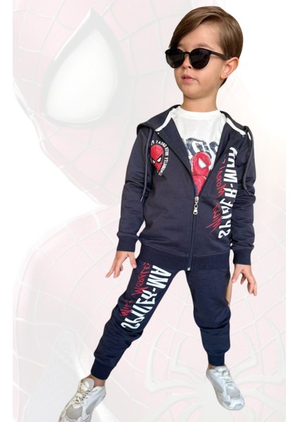 Erkek Çocuk Marvel Spider-Man 3 Lü Kapşonlu Set Örümcek Adam Eşofman Takımı - 2 Iplik Likralı Kumaş