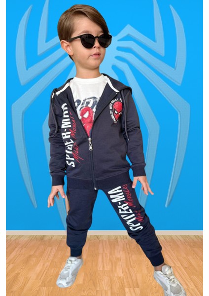 Erkek Çocuk Marvel Spider-Man 3 Lü Kapşonlu Set Örümcek Adam Eşofman Takımı - 2 Iplik Likralı Kumaş