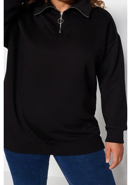 Büyük Beden Oversize Fermuarlı Yaka Düşük Kol Uzun Kalın Içi Polarlı Fermuarlı Örme Sweatshirt