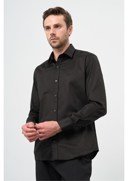 Siyah Uzun Kollu Sert Yaka Cepsiz %100 Pamuk Klasik Slim Fit Dar Kesim Gömlek 1004240324