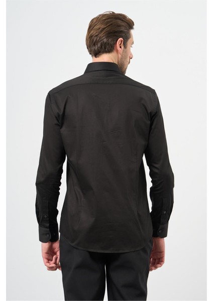 Siyah Uzun Kollu Sert Yaka Cepsiz %100 Pamuk Klasik Slim Fit Dar Kesim Gömlek 1004240324 modelleri