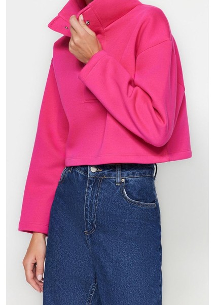 Kadın Crop Dik Yaka Standart Kol Crop Rahat Kesim Crop Çıtçıtlı Kalın Içi Polarlı Örme Sweatshirt fiyatları