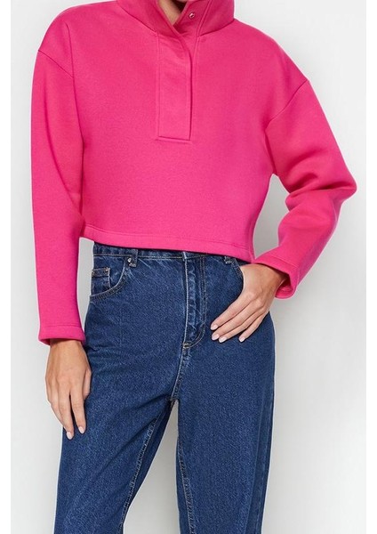 Kadın Crop Dik Yaka Standart Kol Crop Rahat Kesim Crop Çıtçıtlı Kalın Içi Polarlı Örme Sweatshirt fırsatları