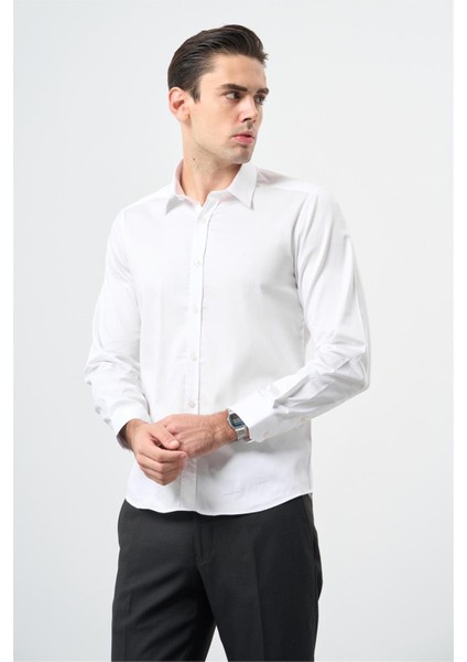 Beyaz Uzun Kol Düz Bez Ayağı 032 Sert Yaka Classic Slim Fit Gömlek 1004245324