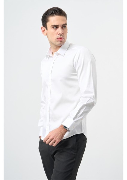 Beyaz Uzun Kol Düz Bez Ayağı 032 Sert Yaka Classic Slim Fit Gömlek 1004245324