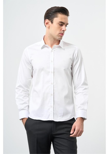Beyaz Uzun Kol Düz Bez Ayağı 032 Sert Yaka Classic Slim Fit Gömlek 1004245324