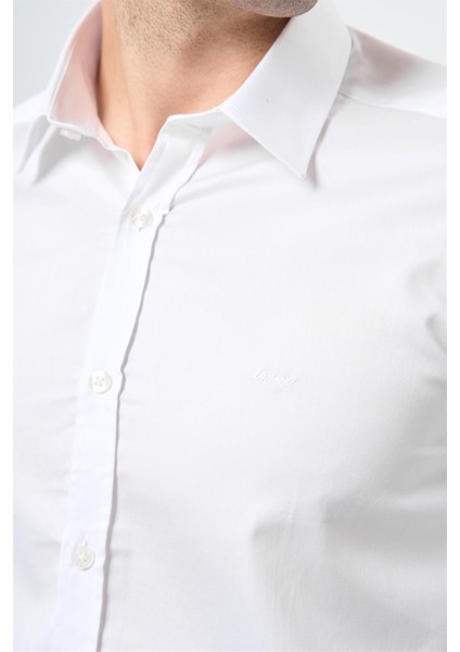 Beyaz Uzun Kol Düz Bez Ayağı 032 Sert Yaka Classic Slim Fit Gömlek 1004245324