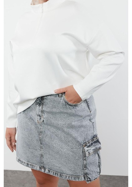 Büyük Beden Tarz Oversize Dik Yaka Düşük Kol Uzun Geniş Kalıp Örme Sweatshirt