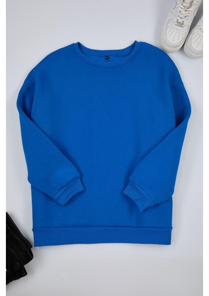 Kadın Büyük Beden Oversize Bisiklet Yaka Mavi Rahat Kesim Basic Kalın Polarlı Örme Sweatshirt