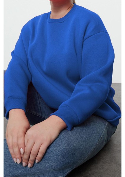 Kadın Büyük Beden Oversize Bisiklet Yaka Mavi Rahat Kesim Basic Kalın Polarlı Örme Sweatshirt