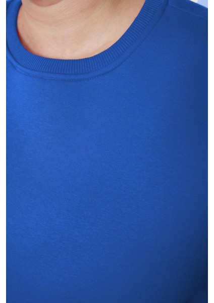 Kadın Büyük Beden Oversize Bisiklet Yaka Mavi Rahat Kesim Basic Kalın Polarlı Örme Sweatshirt