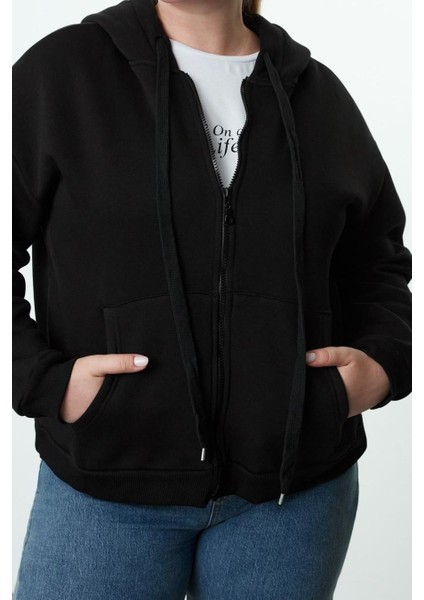 Büyük Beden Oversize Kapüşonlu Düşük Kol Regular Içi Polarlı Önü Fermuarlı Örme Sweatshirt