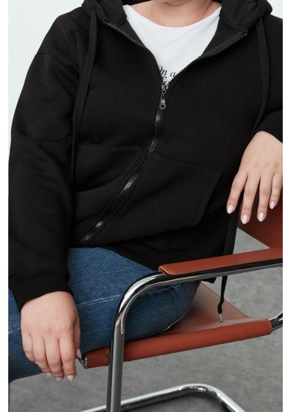 Büyük Beden Oversize Kapüşonlu Düşük Kol Regular Içi Polarlı Önü Fermuarlı Örme Sweatshirt