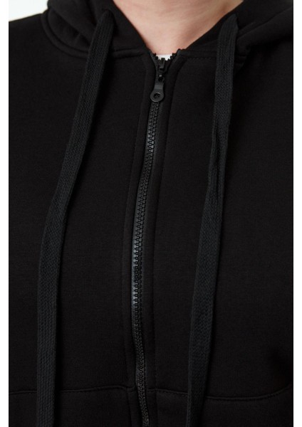 Büyük Beden Oversize Kapüşonlu Düşük Kol Regular Içi Polarlı Önü Fermuarlı Örme Sweatshirt