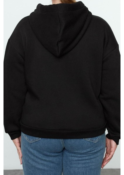 Büyük Beden Oversize Kapüşonlu Düşük Kol Regular Içi Polarlı Önü Fermuarlı Örme Sweatshirt