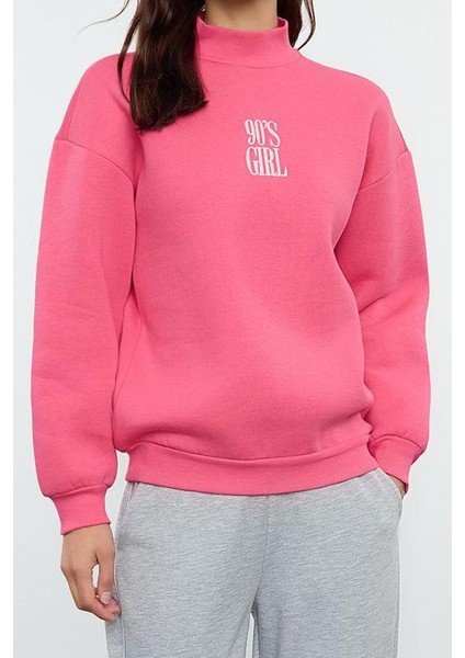 Dik Yaka Düşük Kol Kalın Içi Polarlı Slogan Nakışlı Normal Kesim Örme Sweatshirt