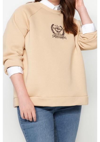 Büyük Beden Oversize Bisiklet Yaka Reglan Kol Kalın Içi Polarlı Nakış Detaylı Örme Sweatshirt