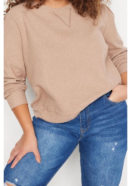 Büyük Beden Tarz Regular Bisiklet Yaka Balon Kol Regular Selanik Ince Örme Sweatshirt