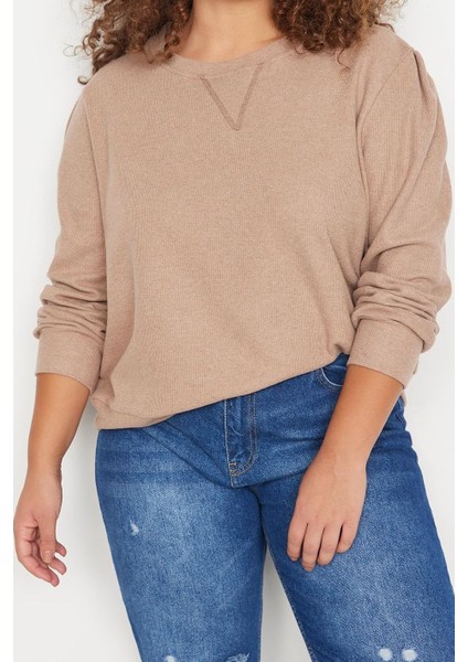 Büyük Beden Tarz Regular Bisiklet Yaka Balon Kol Regular Selanik Ince Örme Sweatshirt
