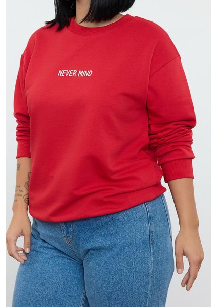 Büyük Beden Regular Bisiklet Yaka Standart Kol Uzun Baskı Detaylı Normal Fit Örme Sweatshirt