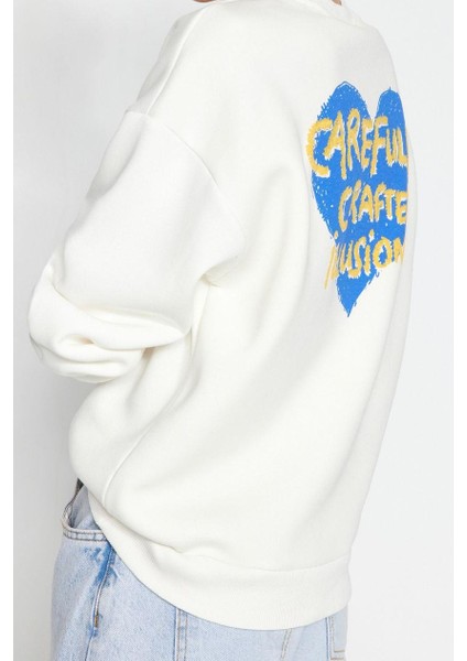 Oversize Bisiklet Yaka Düşük Kol Uzun Kalın Polarlı Sırt Kabartma Baskılı Örme Sweatshirt