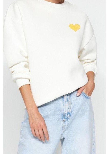 Oversize Bisiklet Yaka Düşük Kol Uzun Kalın Polarlı Sırt Kabartma Baskılı Örme Sweatshirt
