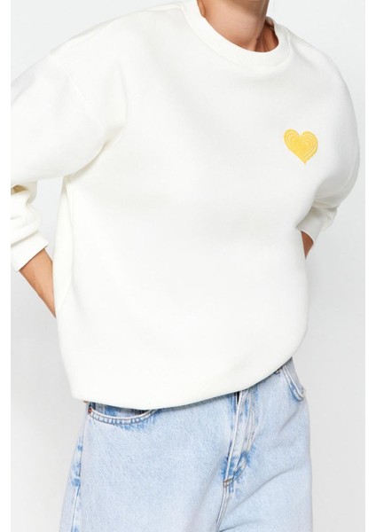 Oversize Bisiklet Yaka Düşük Kol Uzun Kalın Polarlı Sırt Kabartma Baskılı Örme Sweatshirt