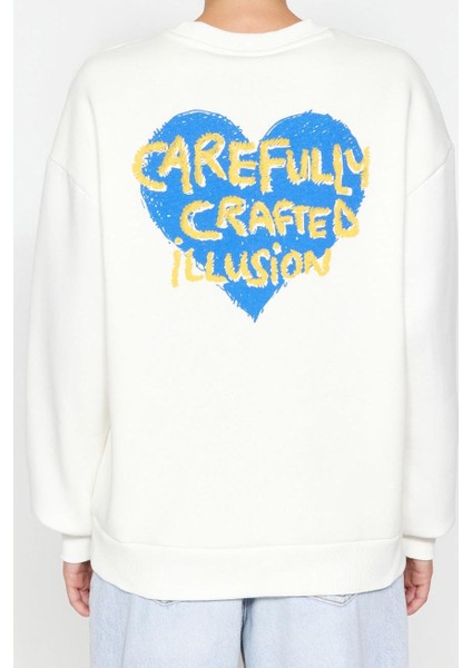 Oversize Bisiklet Yaka Düşük Kol Uzun Kalın Polarlı Sırt Kabartma Baskılı Örme Sweatshirt