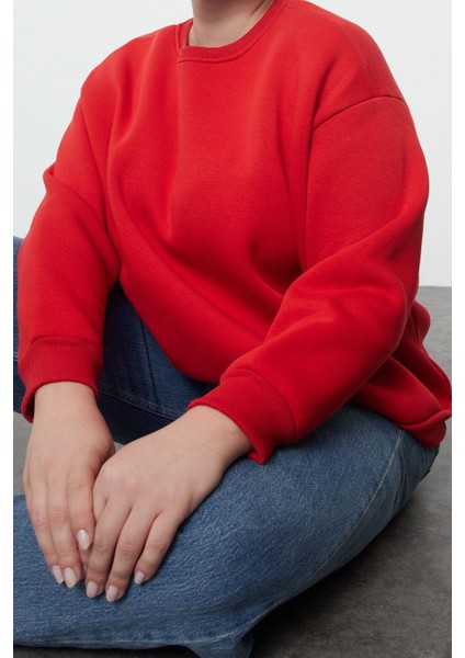 Büyük Beden Oversize Bisiklet Yaka Düşük Kol Rahat Kesim Basic Kalın Polarlı Örme Sweatshirt
