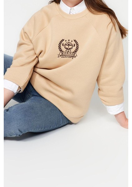 Büyük Beden Oversize Bisiklet Yaka Reglan Kol Kalın Içi Polarlı Nakış Detaylı Örme Sweatshirt