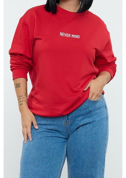 Büyük Beden Regular Bisiklet Yaka Standart Kol Uzun Baskı Detaylı Normal Fit Örme Sweatshirt